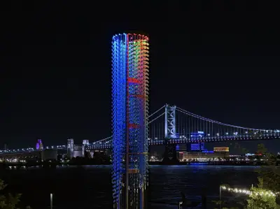 A 60-foot-tall sculpture in Northern Liberties now glows on the Delaware River waterfront
